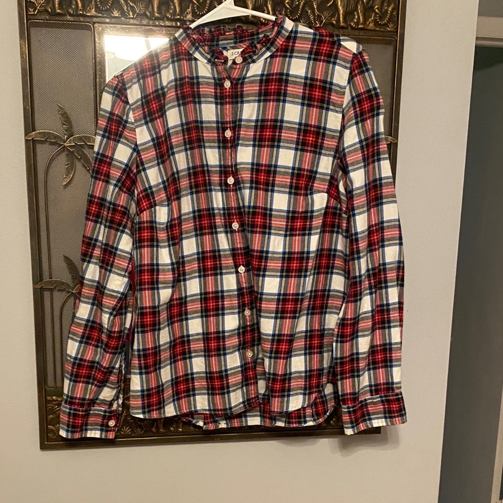 J. Crew Factory Plaid Button-Down Flannel Shirt w/ Ruffle Collar